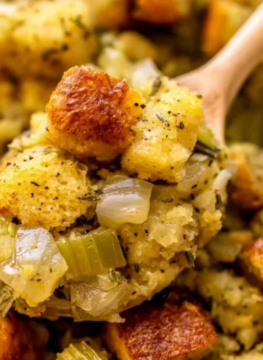 Classic stuffing with buttery bread cubes, onions, and celery on a holiday table