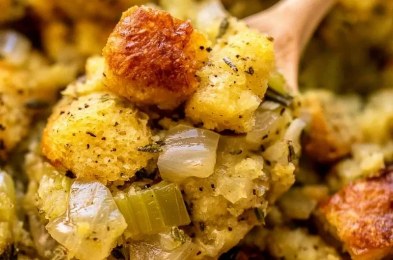 Classic stuffing with buttery bread cubes, onions, and celery on a holiday table
